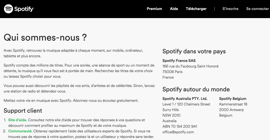 page de contact spotify