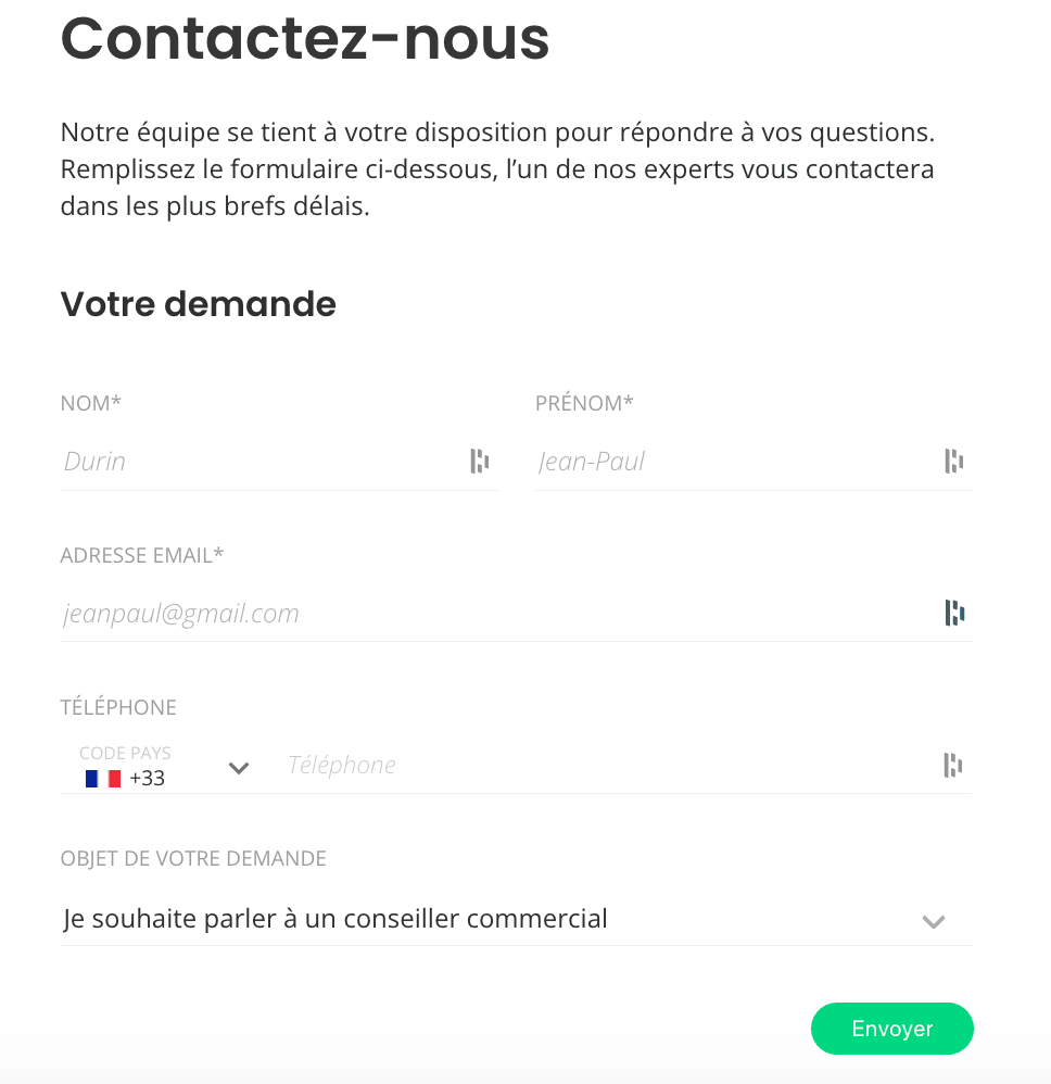 Aperçu du formulaire de contact de Santors