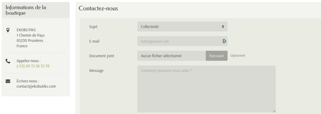 Formulaire de contact Ekobutiks