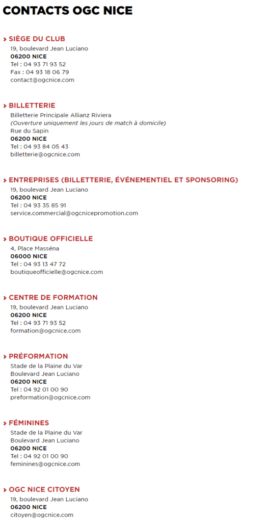 Toutes les coordonnées de contact du club OGC Nice