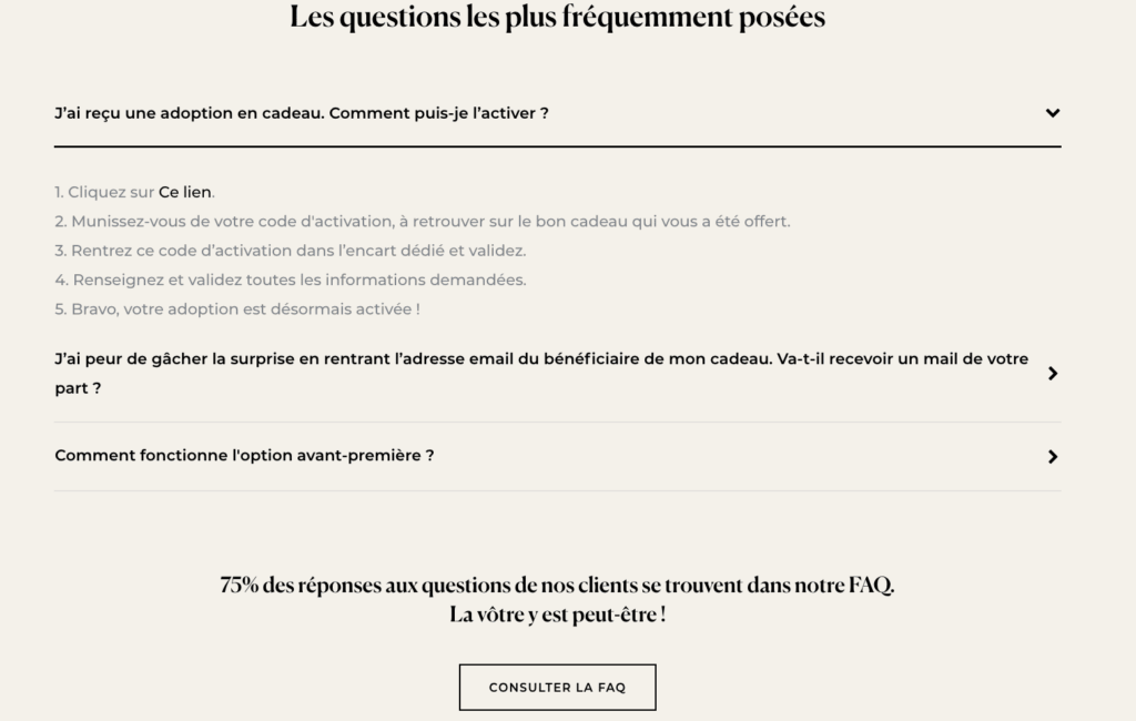 Aperçu de la page d’assistance du site Cuvée Privée