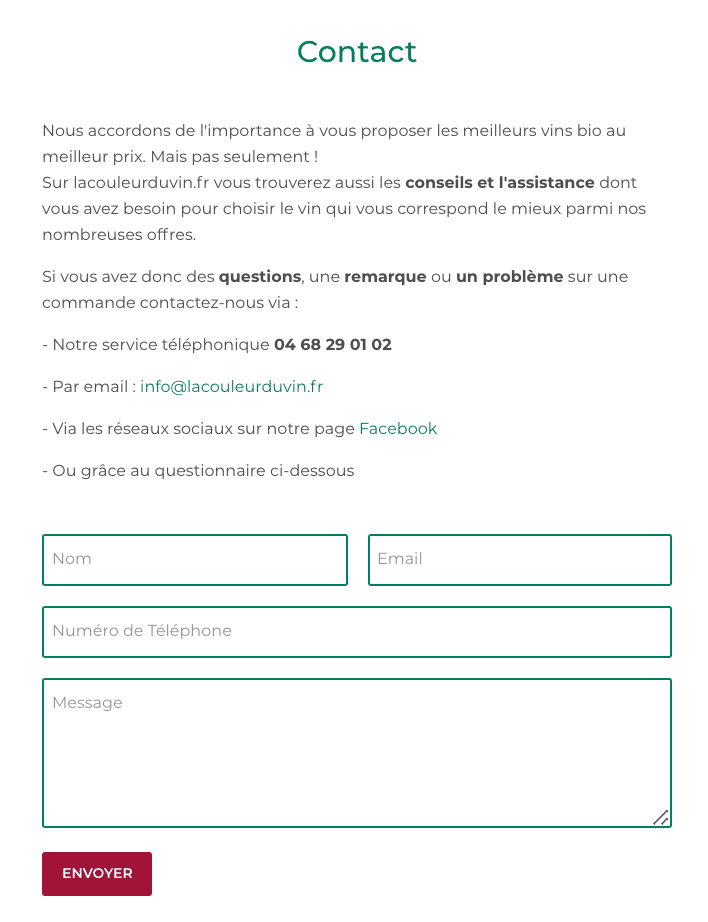 Aperçu du formulaire de contact de La couleur du vin