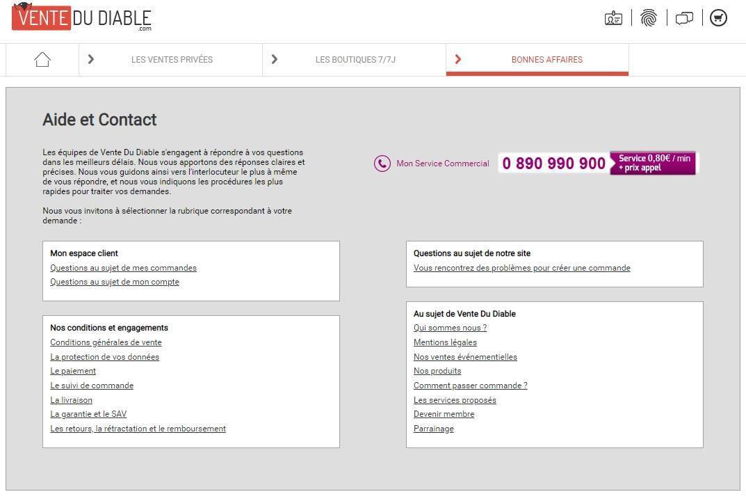 Aperçu de la page de contact et coordonnées du site Vente du diable