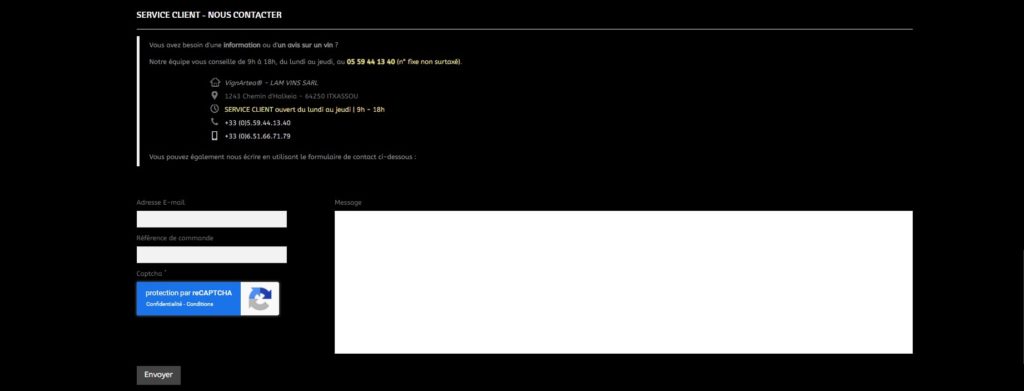 Aperçu de la page d’assistance du site VignArtea
