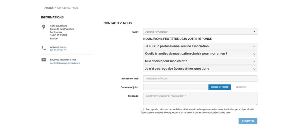 Aperçu de la page d’assistance du site Cani gourmand