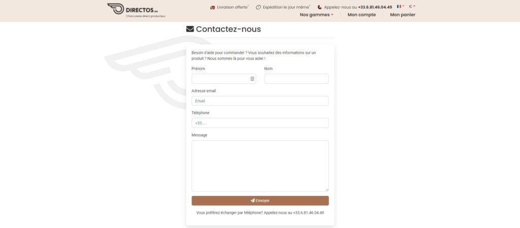 Aperçu du formulaire de contact de Directos.eu