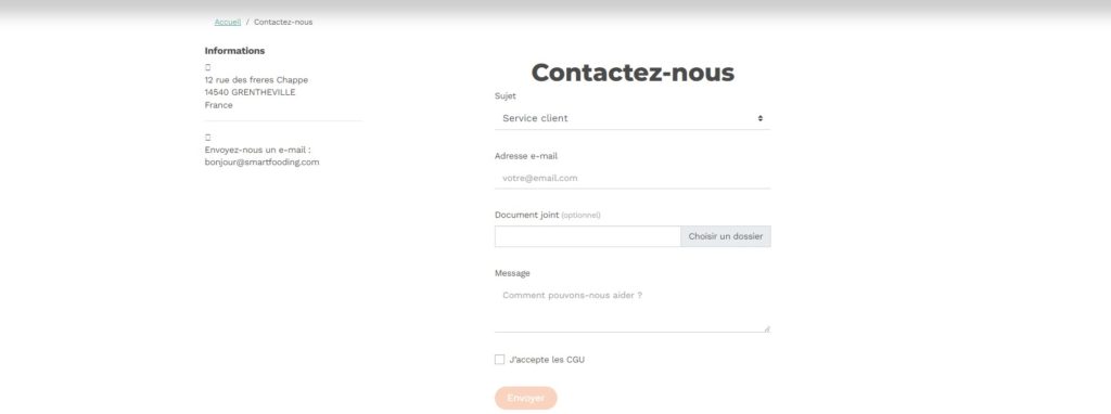 Aperçu du formulaire de contact de Smartfooding