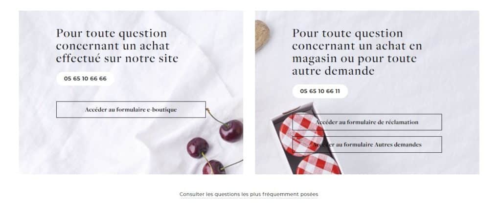 Aperçu de la page d'assistance du site web Bonne Maman