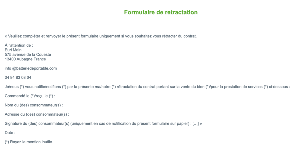 Formulaire de rétraction Batteriesdeportable