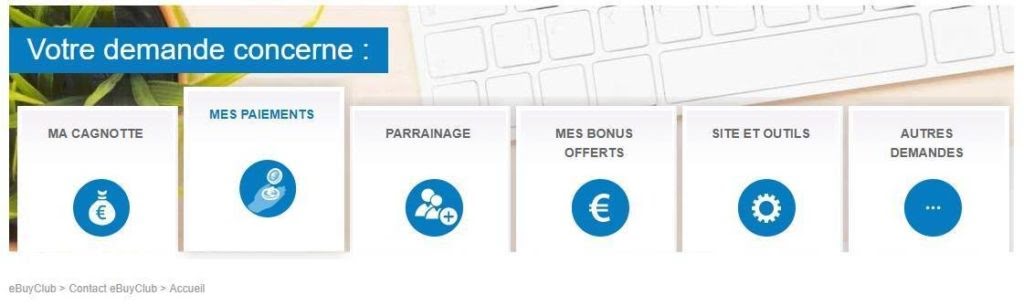 Aperçu de la page d’assistance du site Ebuyclub