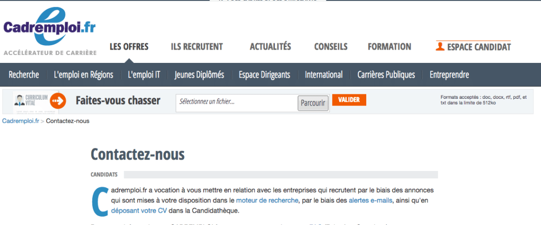 Page de contact du site officiel Cadremploi