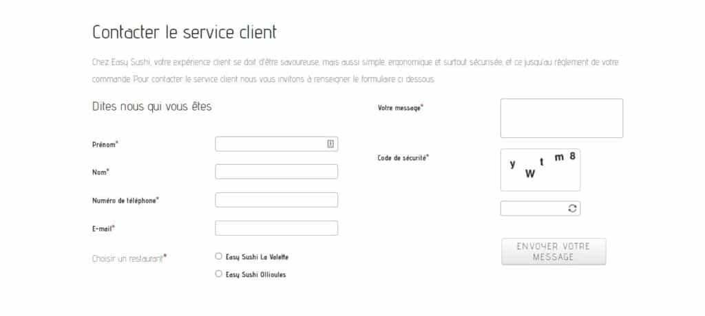 page de contact service client Easy Sushi