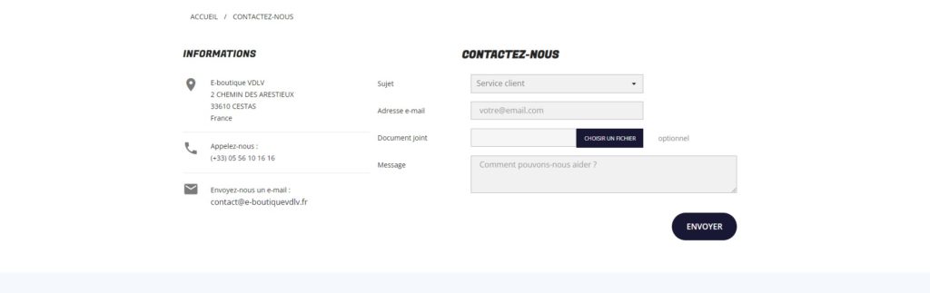 Aperçu du formulaire de contact de VDLV Boutique
