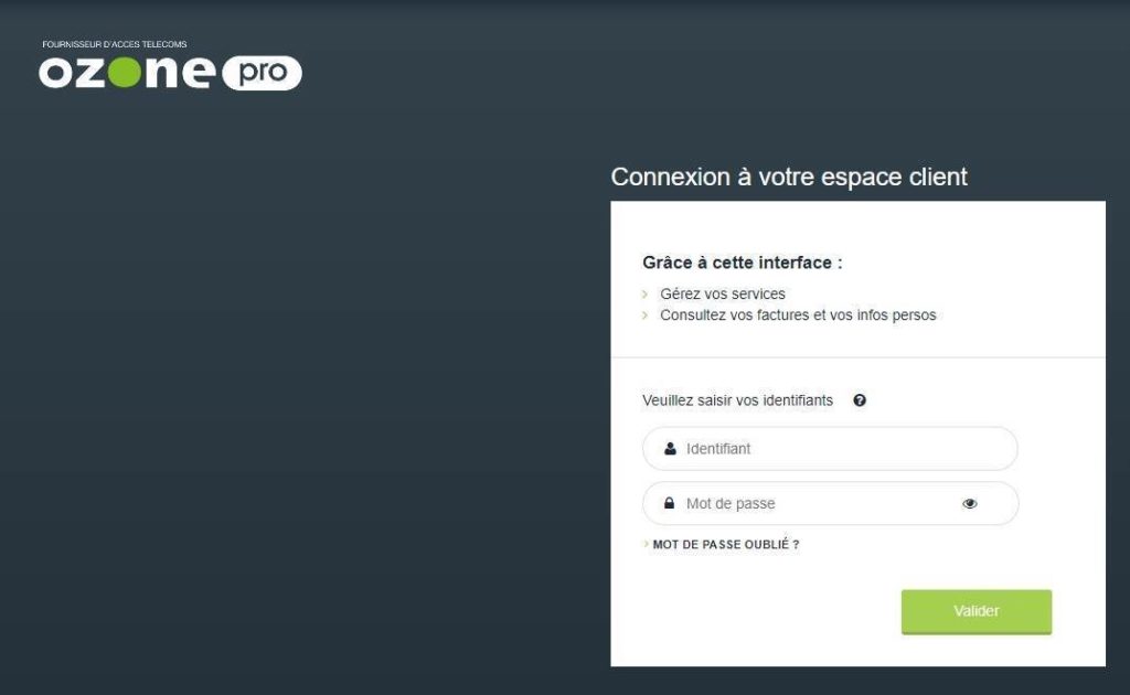 Aperçu de la page de connexion à l'espace client Ozone