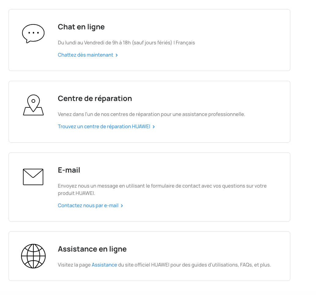 Aperçu de la page d’assistance du site Huawei
