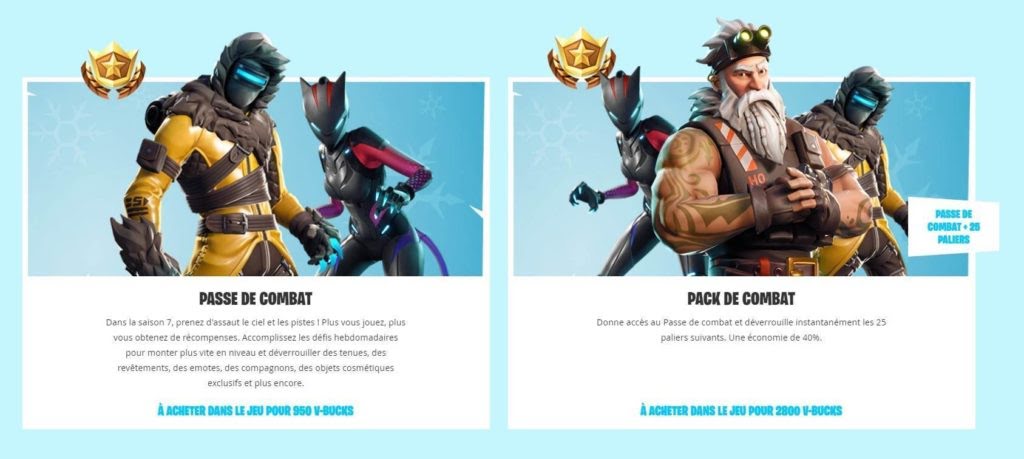 Exemple de pass et pack disponibles sur Fortnite